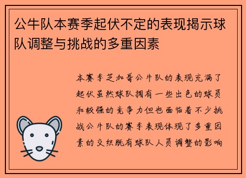 公牛队本赛季起伏不定的表现揭示球队调整与挑战的多重因素